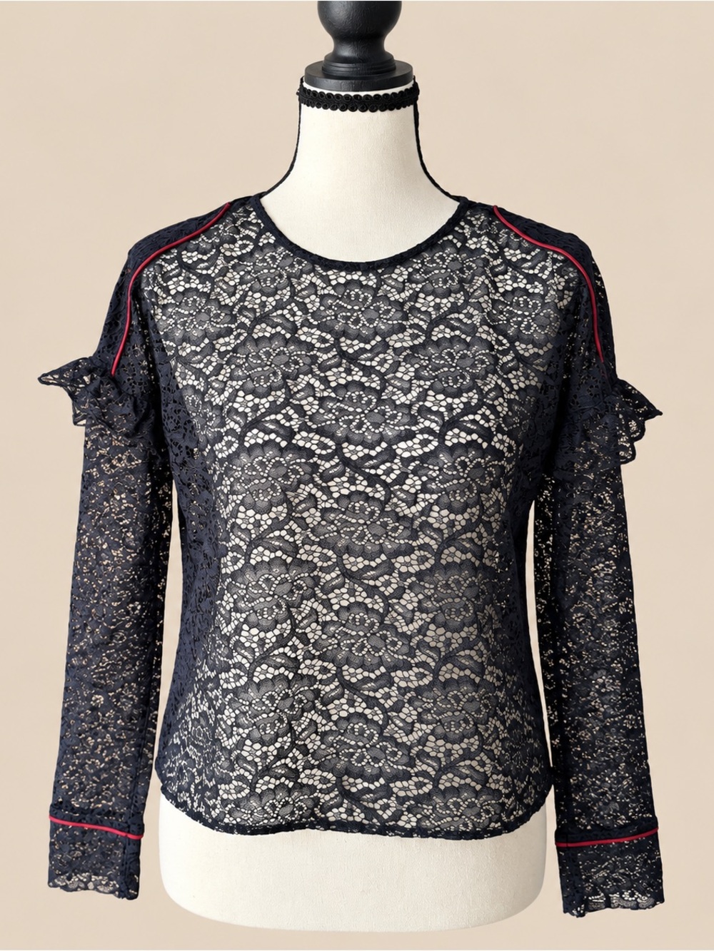 Whimsigoth Navy Lace Long Sleeve Sheer Blouse M